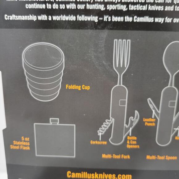 Camillus 4pc Camping multi-tool fork folding cup and stainless steel flask Set - Picture 5 of 6